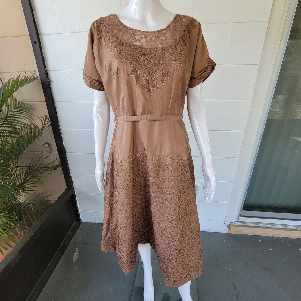 Vtg 50s Styled by Ruxton Brown Satin & Lace Fit Flare Cocktail Dress MCM Size 10
